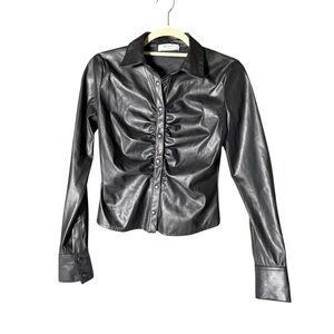 Bailey/44 Black snap Button Women's top ruched faux leather 0‎
